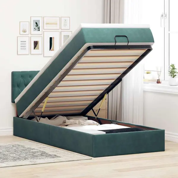 Gossi pat otoman cu saltea si led-uri, verde inchis, 90x200cm catifea