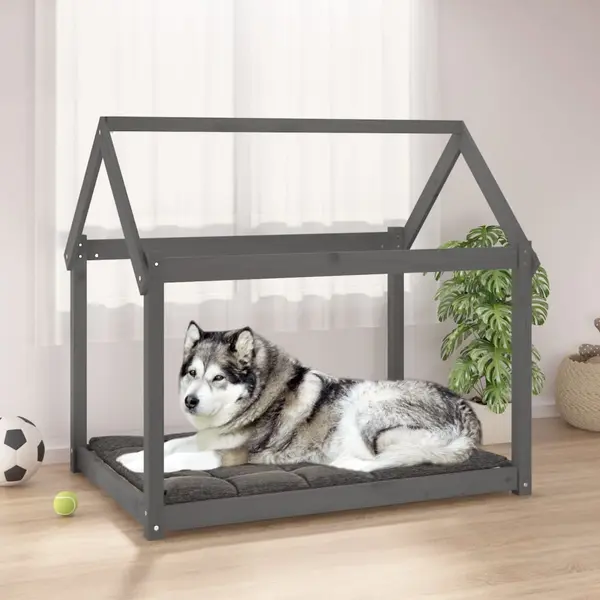 Gossi pat pentru caini, gri, 111x80x100 cm, lemn masiv de pin
