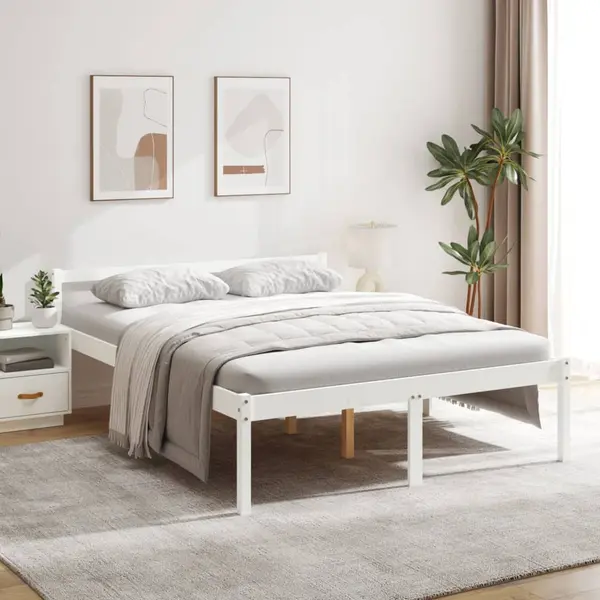 Gossi pat pentru seniori king, alb, 150x200 cm, lemn masiv de pin
