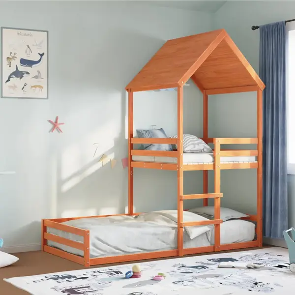 Gossi pat supraetajat cu acoperis maro ceruit 90x190cm lemn masiv pin