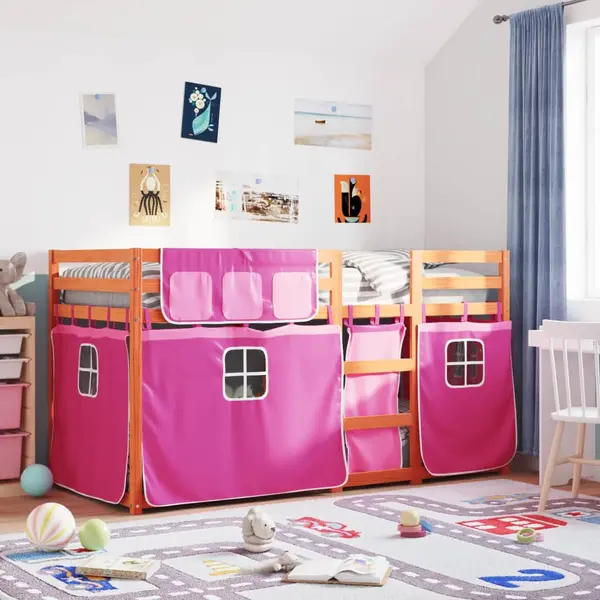 Gossi pat supraetajat cu perdele, roz, 90x200 cm, lemn masiv pin