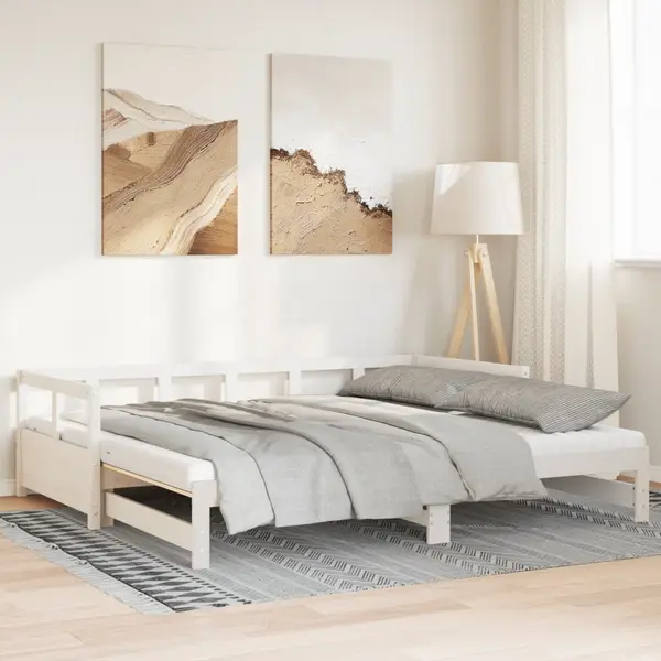 Gossi pat zi cu extensie si saltele, alb, 90x200 cm, lemn masiv pin