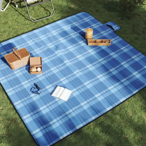 Gossi patura de picnic pliabila, carouri albastre, 200x200 cm catifea