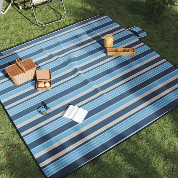 Gossi patura picnic pliabila, dungi albastre alb, 200x200 cm catifea