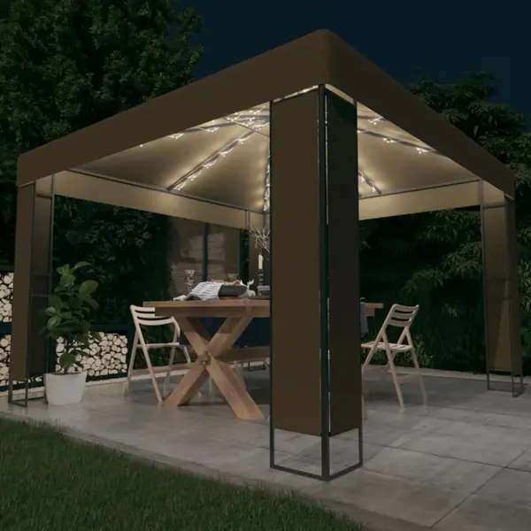 Gossi pavilion cu acoperis dublu & lumini led, gri taupe, 3x3x2,7m