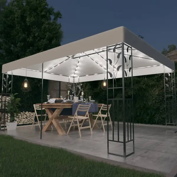 Gossi pavilion cu acoperis dublu & siruri de lumini led, alb, 3x4 m