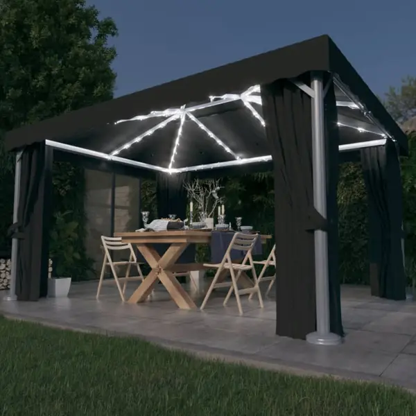 Gossi pavilion cu perdele & siruri lumini led, antracit, 4x3 m