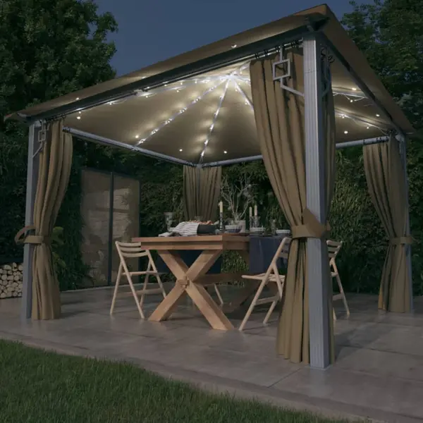 Gossi pavilion cu perdele&siruri lumini led gri taupe 3x3 m aluminiu