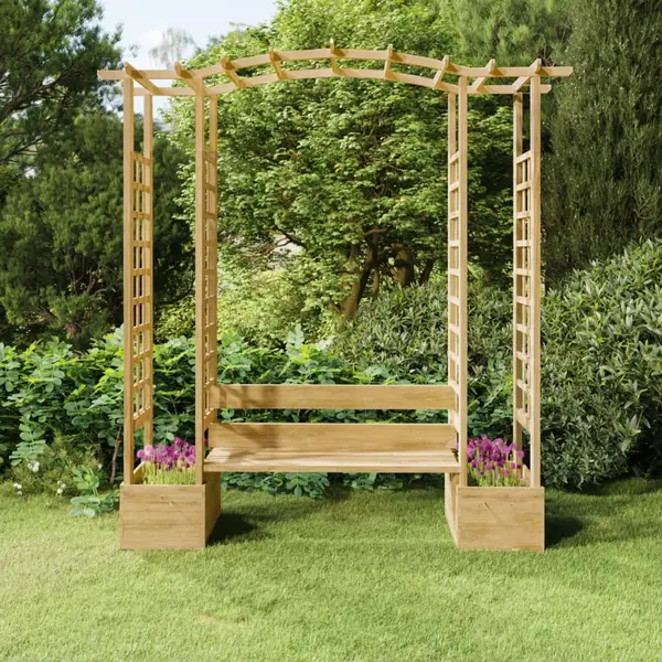Gossi pergola de gradina cu banca si jardiniere lemn masiv pin tratat