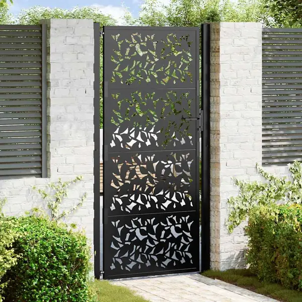 Gossi poarta de gradina neagra 105x205 cm design cu frunze de otel