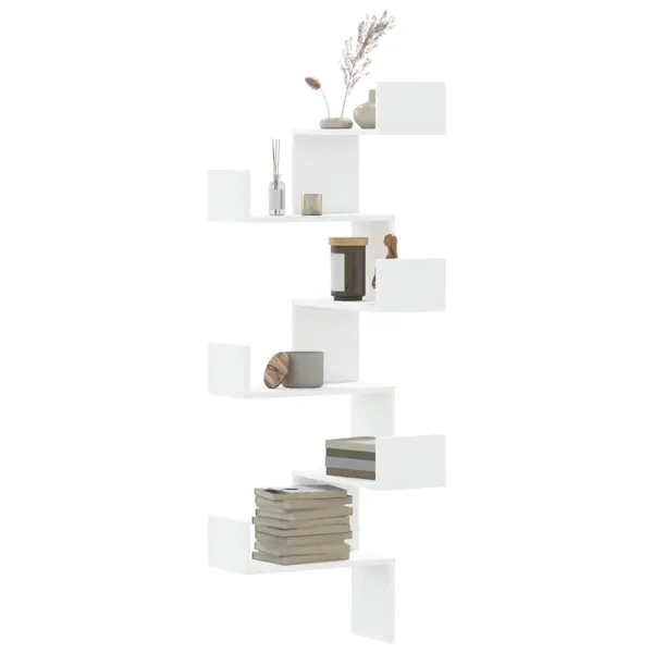 Gossi raft coltar perete alb 45x45x147 cm lemn prelucrat
