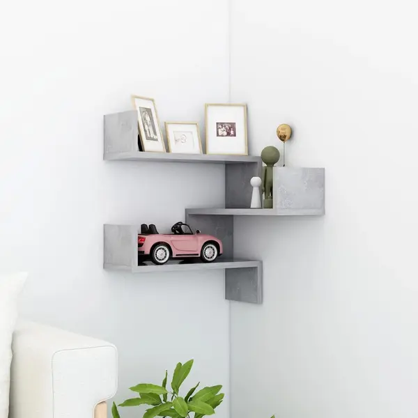 Gossi raft de perete pe colt, gri beton, 40x40x50 cm, pal