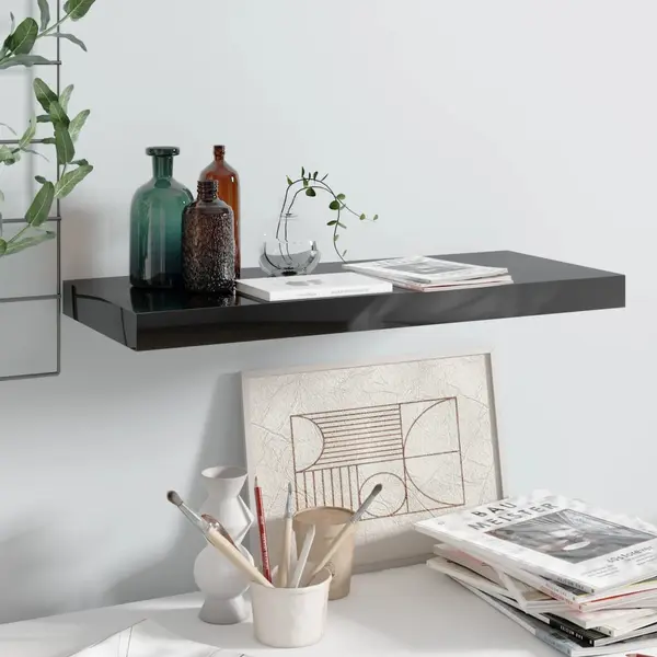 Gossi raft de perete suspendat negru extralucios, 60x23,5x3,8 cm, mdf