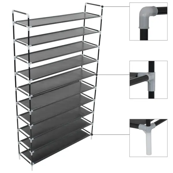 Gossi raft pantofi 10 etajere, metal si material textil netesut negru