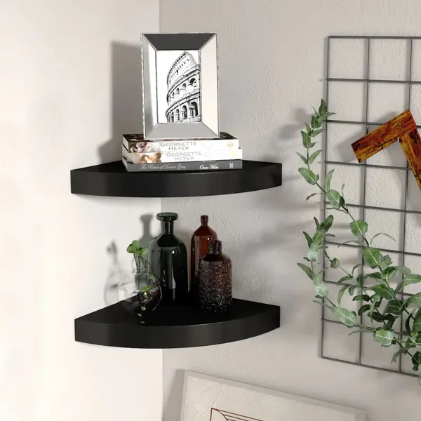 Gossi rafturi colt de perete, 2 buc., negru, 25x25x3,8 cm, mdf