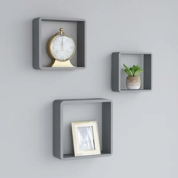 Gossi rafturi cub de perete, 3 buc., gri, mdf