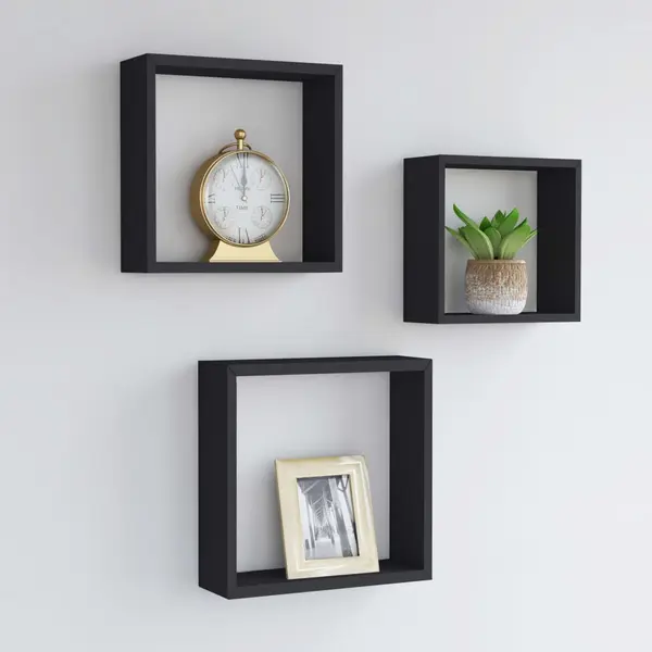 Gossi rafturi cub de perete, 3 buc., negru, mdf