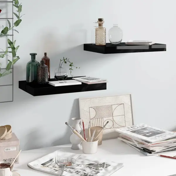 Gossi rafturi de perete, 2 buc., negru extralucios, 40x23x3,8 cm, mdf