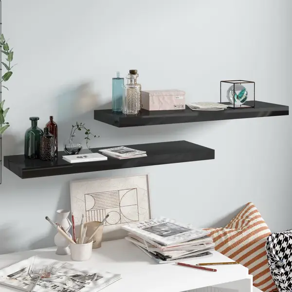 Gossi rafturi de perete 2 buc., negru extralucios, 80x23,5x3,8 cm mdf