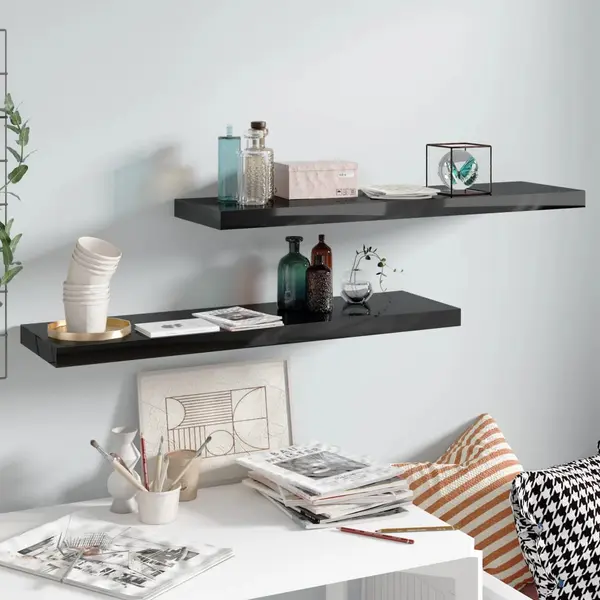 Gossi rafturi de perete, 2 buc., negru extralucios 90x23,5x3,8 cm mdf
