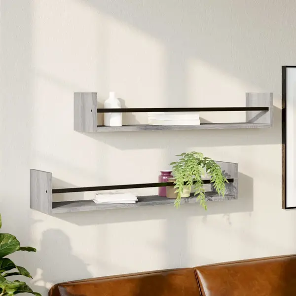Gossi rafturi de perete cu bare, 2 buc, gri sonoma, 80x16x14 cm