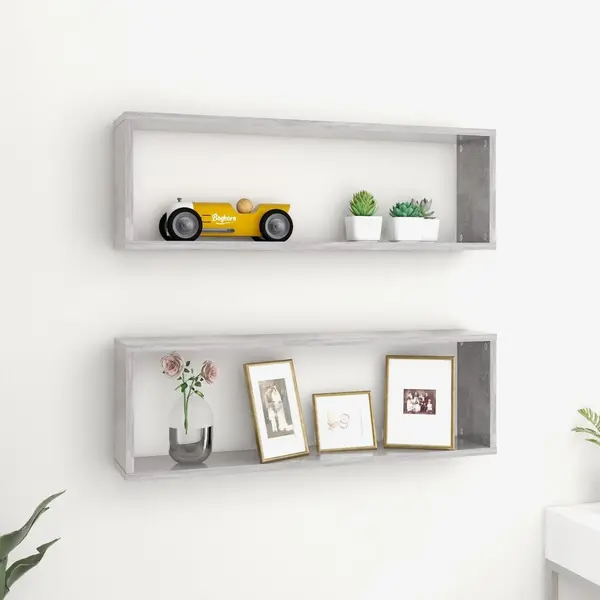 Gossi rafturi de perete cub, 2 buc., gri beton, 80x15x26,5 cm, pal