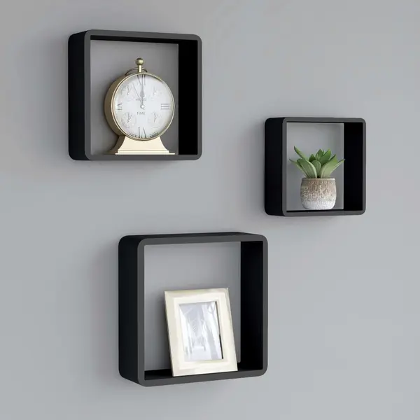 Gossi rafturi de perete cub, 3 buc., negru, mdf