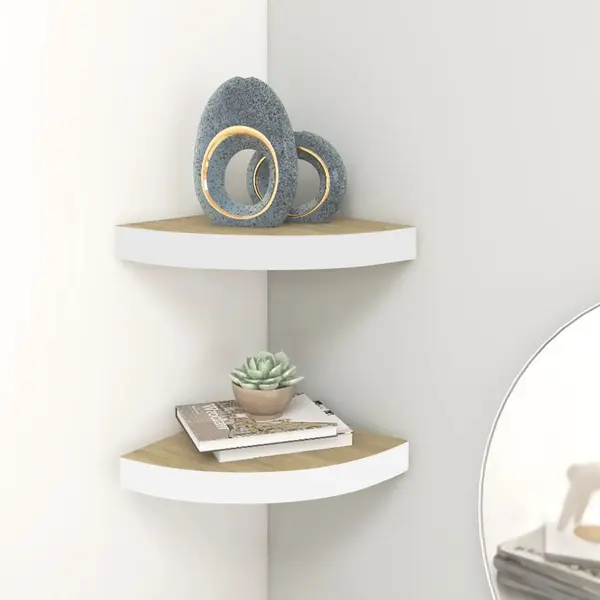 Gossi rafturi de perete de colt 2 buc. stejar si alb 35x35x3,8 cm mdf