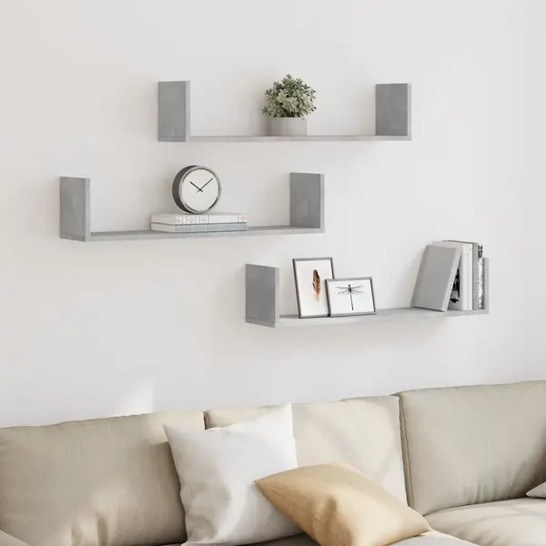 Gossi rafturi perete, 3 buc., gri beton, 80x18x18 cm, lemn prelucrat