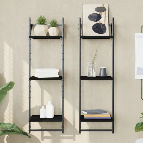 Gossi rafturi perete 3 niveluri/bare 2 buc negru 30x25x100cm