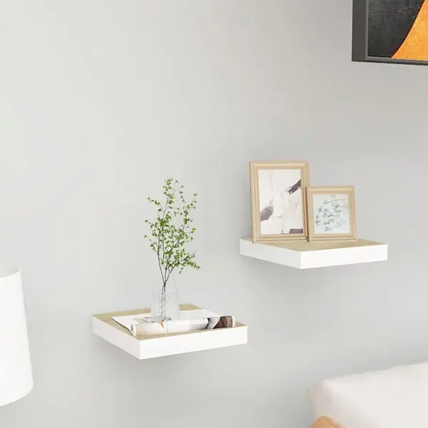 Gossi rafturi perete suspendate 2 buc. alb/stejar 23x23,5x3,8 cm mdf