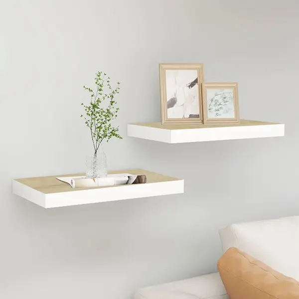 Gossi rafturi perete suspendate 2 buc. alb/stejar 40x23x3,8 cm mdf