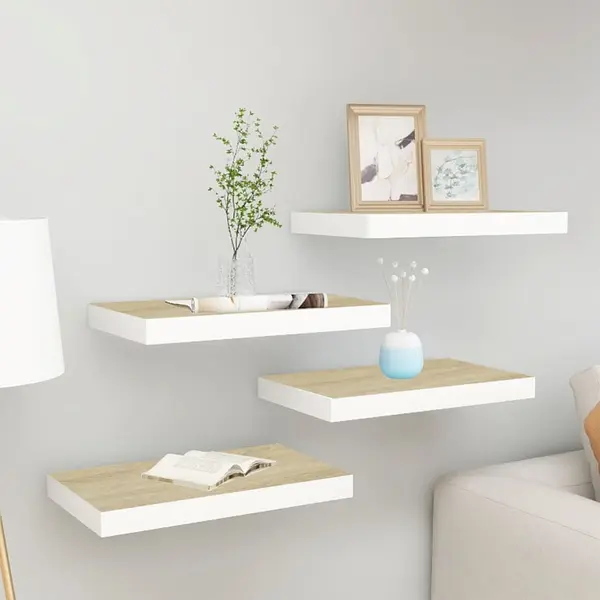 Gossi rafturi perete suspendate 4 buc. alb/stejar 40x23x3,8 cm mdf