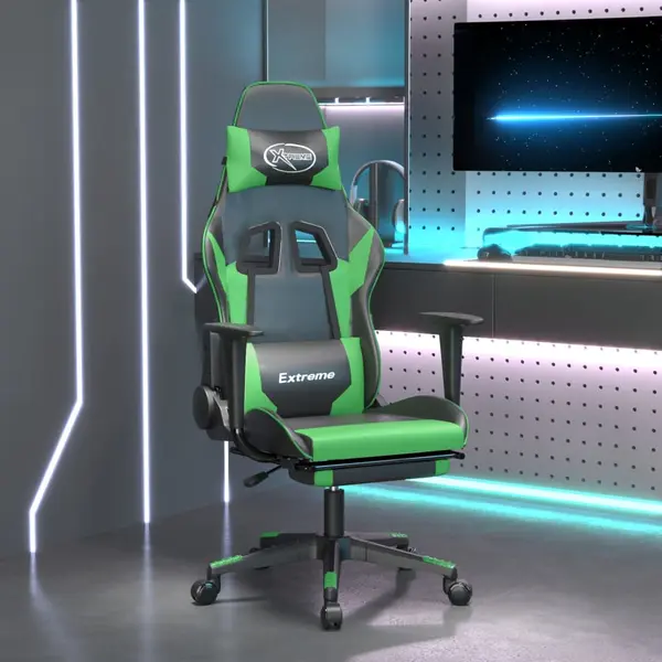 Gossi scaun de gaming cu suport picioare negru/verde, piele ecologica