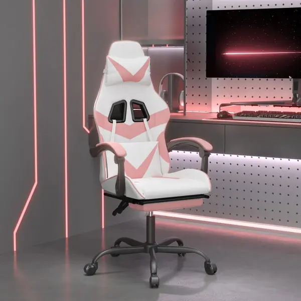 Gossi scaun de gaming pivotant cu suport picioare alb&roz piele eco