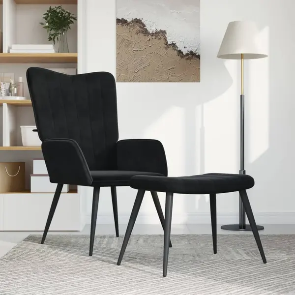 Gossi scaun de relaxare cu taburet, negru, catifea