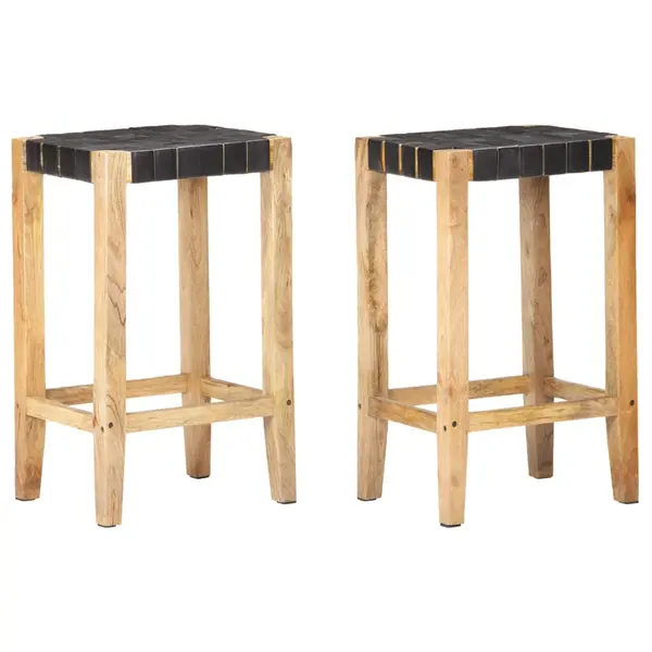 Gossi scaune de bar, 2 buc., negru, piele naturala, 75 cm