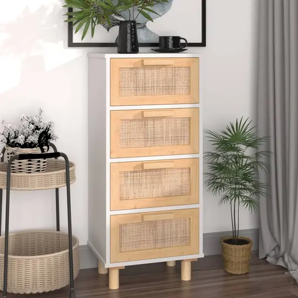 Gossi servanta, alb, 40x30x90 cm, lemn masiv pin si ratan natural