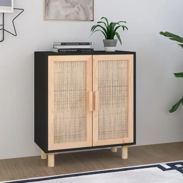 Gossi servanta, negru, 60x30x70 cm, lemn masiv pin si ratan natural