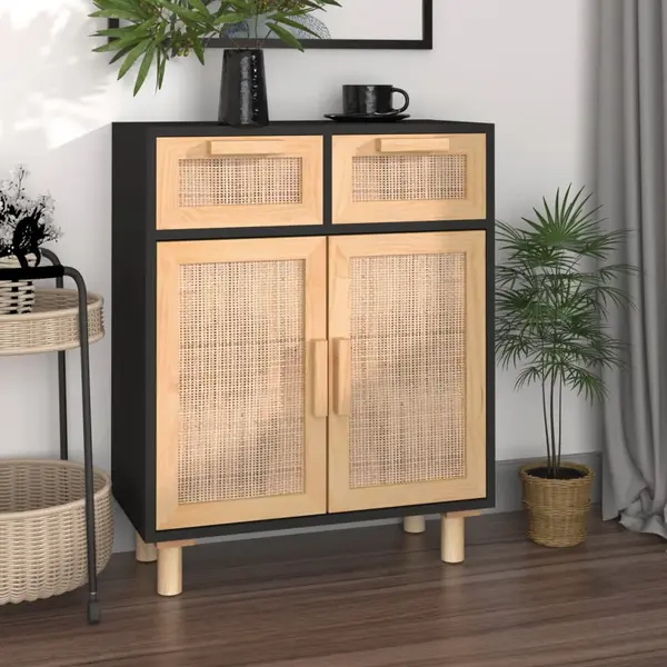 Gossi servanta, negru, 60x30x75 cm, lemn masiv pin si ratan natural
