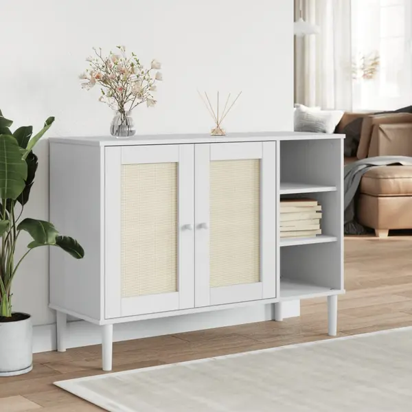 Gossi servanta senja, aspect ratan alb, 112x40x80 cm, lemn masiv pin