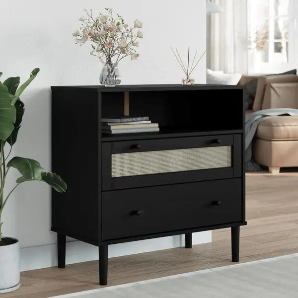 Gossi servanta senja, aspect ratan negru, 80x40x80 cm, lemn masiv pin
