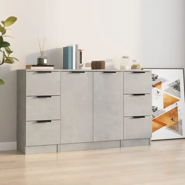 Gossi servante, 3 piese, gri beton, lemn prelucrat