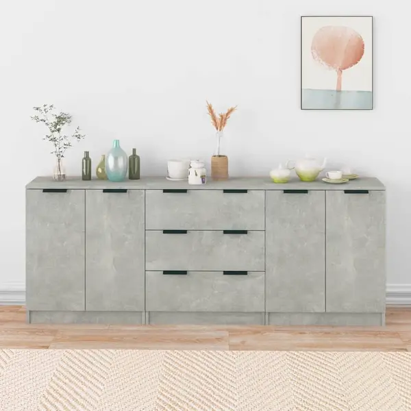 Gossi servante, 3 piese, gri beton, lemn prelucrat