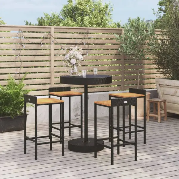 Gossi set bar pentru gradina, 5 piese, negru, poliratan/lemn acacia