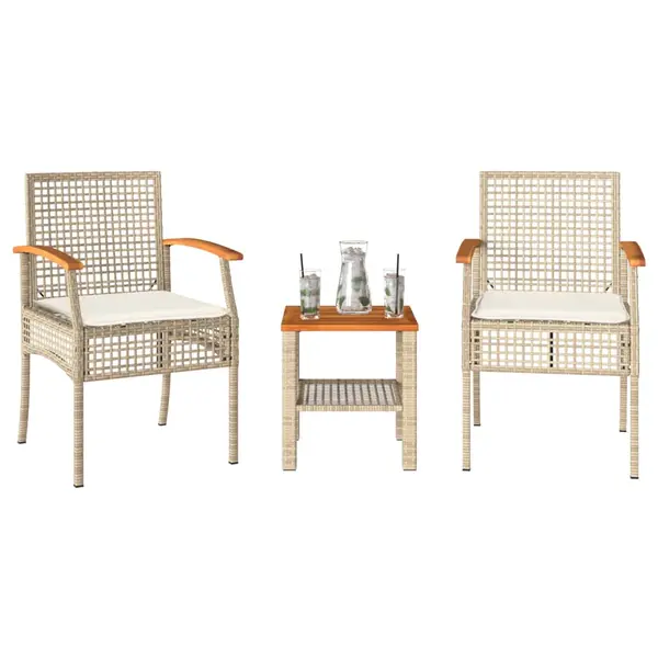 Gossi set bistro cu perne, 3 piese, bej, poliratan si lemn acacia
