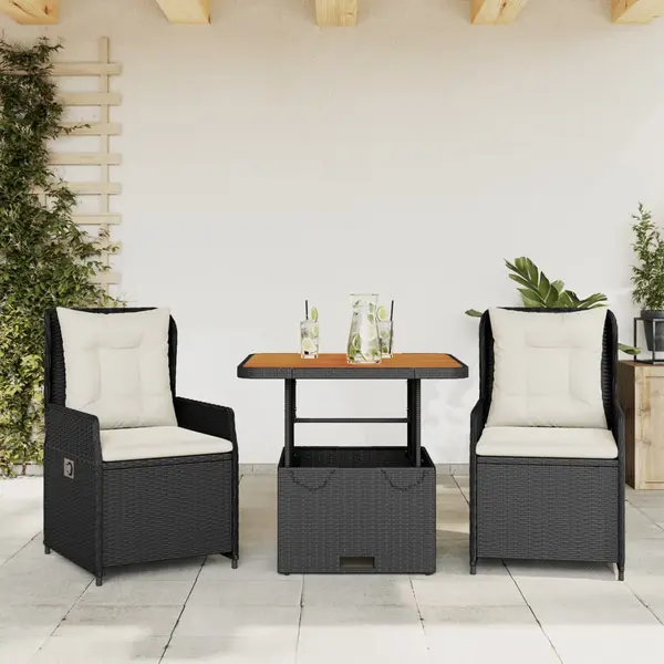 Gossi set bistro cu perne, 3 piese, negru, poliratan