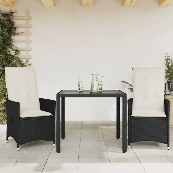 Gossi set bistro cu perne, 3 piese, negru, poliratan