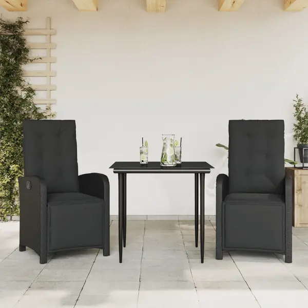 Gossi set bistro cu perne, 3 piese, negru, poliratan