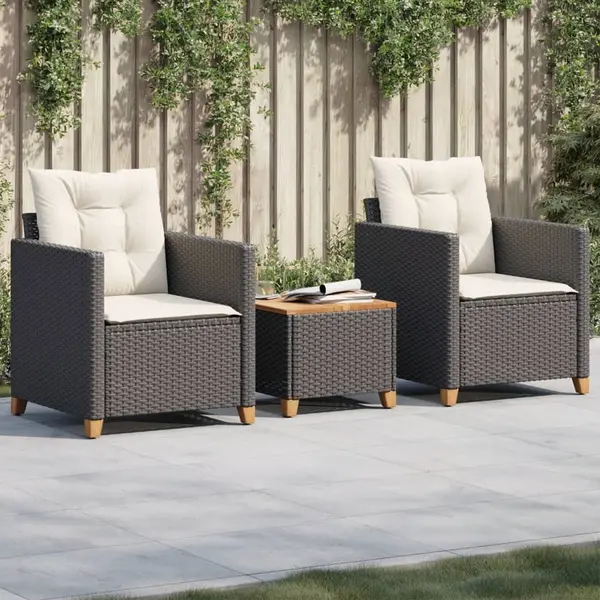 Gossi set bistro cu perne, 3 piese, negru, poliratan si lemn acacia